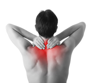 holding his neck in pain, isolated on w